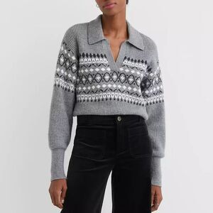 LOFT Gray Knitted Fair Isle Polo Sweater Sz M